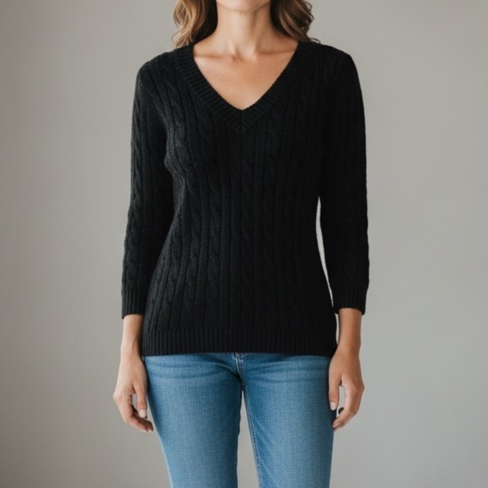 Aqua Women’s Black Cashmere Sweater Black Cable Knit 3/4 Sleeve XS